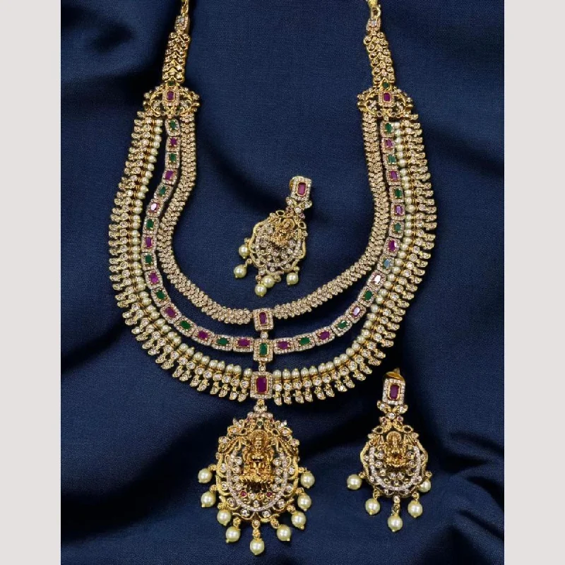 Women's necklaces daily-glow-Sona Creation Gold Plated Austrian Stone And Pearls Temple Multi Layer Necklace Set