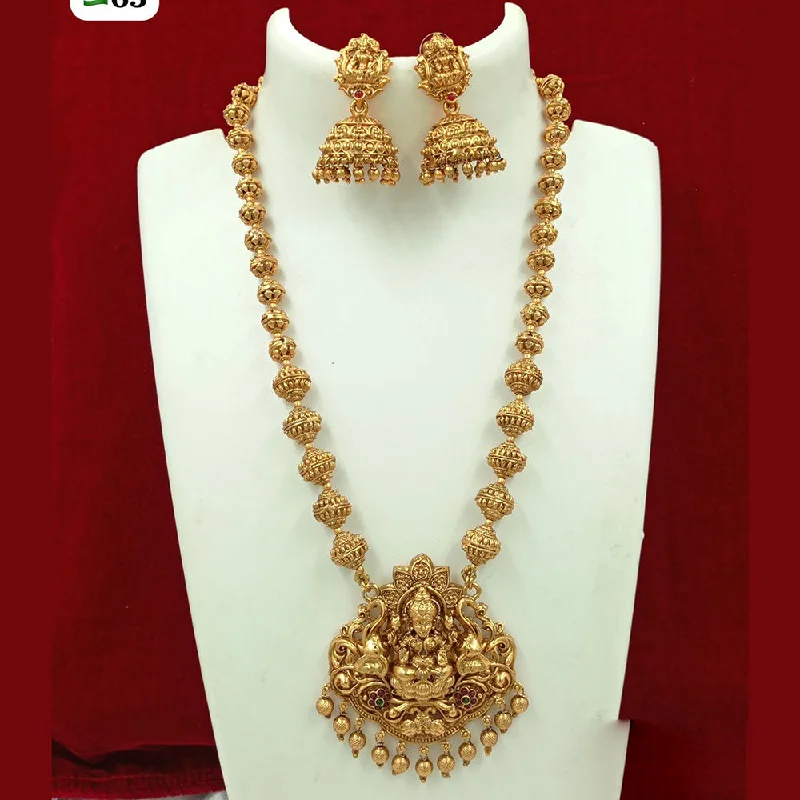 Women's necklaces creative-chain-FS Collection Gold Plated Pota Stone And Pearl Temple Long Necklace Set