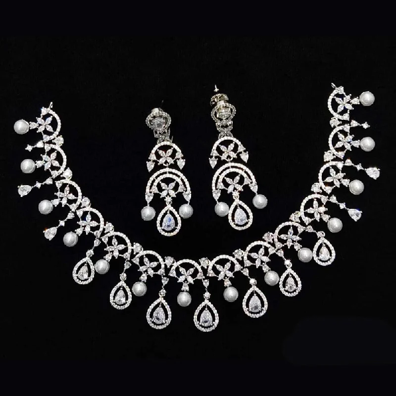 Women's necklaces striking-metal-Kavita Art Silver Plated American Diamond And Pearls Necklace Set