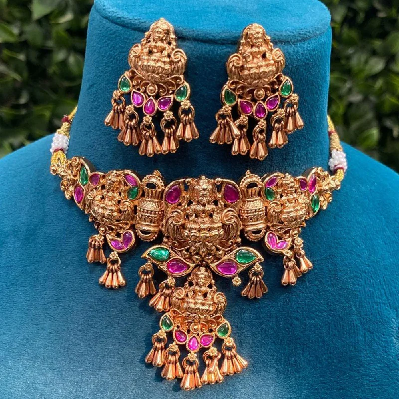 Women's necklaces enduring-chic-Royal Kundan Jewellery Rose Gold Plated Pota Stone Temple Necklace Set