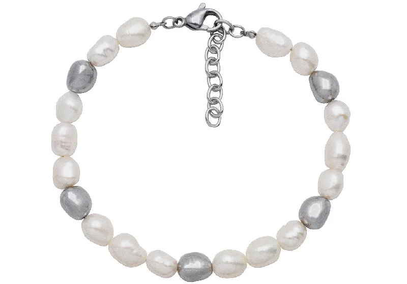 Women's bracelets gentle-style-Mens 6MM Baroque Pearl Stainless Steel Bracelet