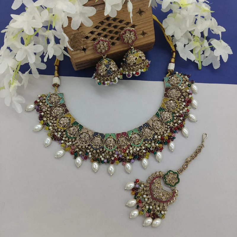 Women's necklaces striking-design-India Art Gold Plated Crystal Stone And Pearls Necklace Set