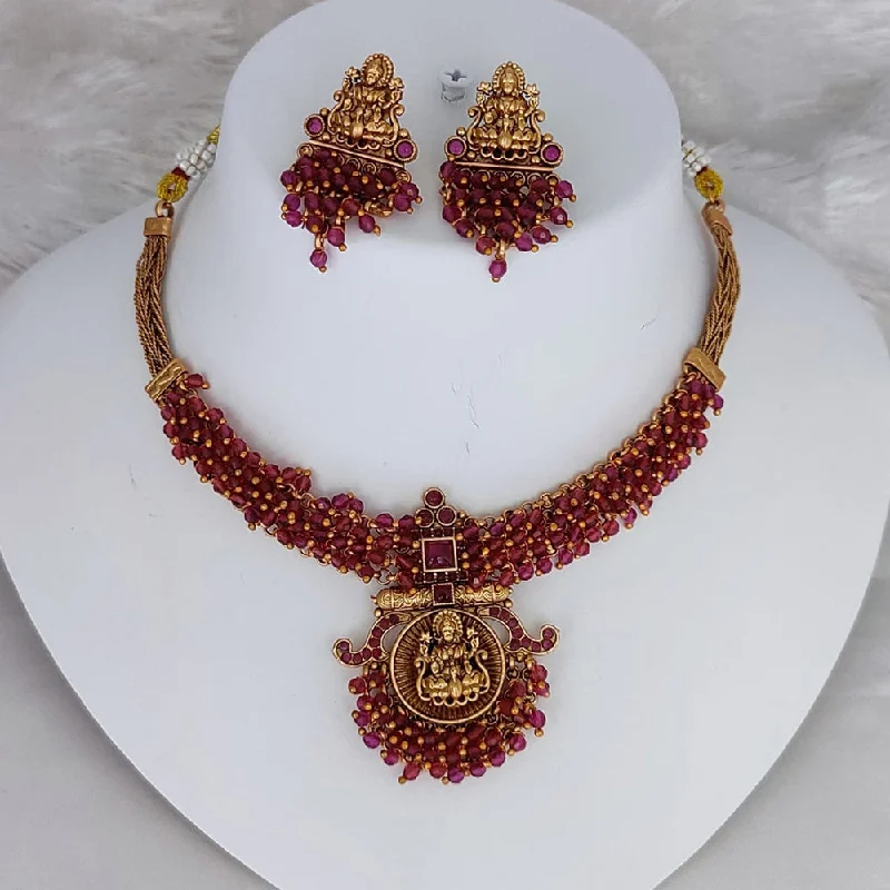 Women's necklaces high-gold-Lucentarts Jewellery Gold Plated Temple Pearls Necklace Set