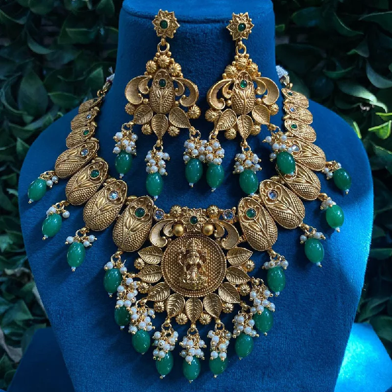 Women's necklaces etched-pendant-Royal Kundan Jewellery Gold Plated Pota Stone And Beads Temple Necklace Set