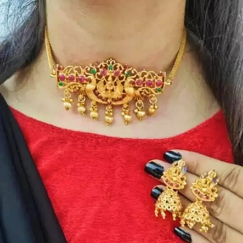 Women's necklaces gentle-gold-Kavyanjali Jewels Gold Plated Pota Stone Temple Choker Necklace Set