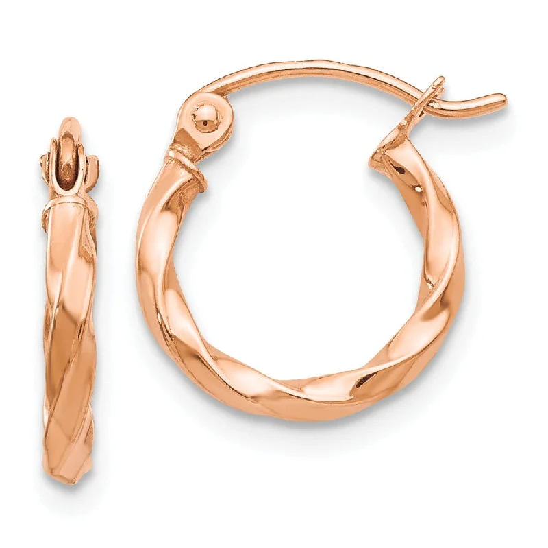 Women's earrings contemporary-2mm x 13mm 14k Rose Gold Small Twisted Round Hoop Earrings