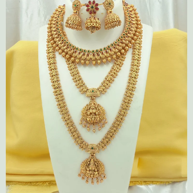 Women's necklaces fine-design-Joyful Jewel Art Matte Gold Plated Pota Stone Temple Long Necklace Combo