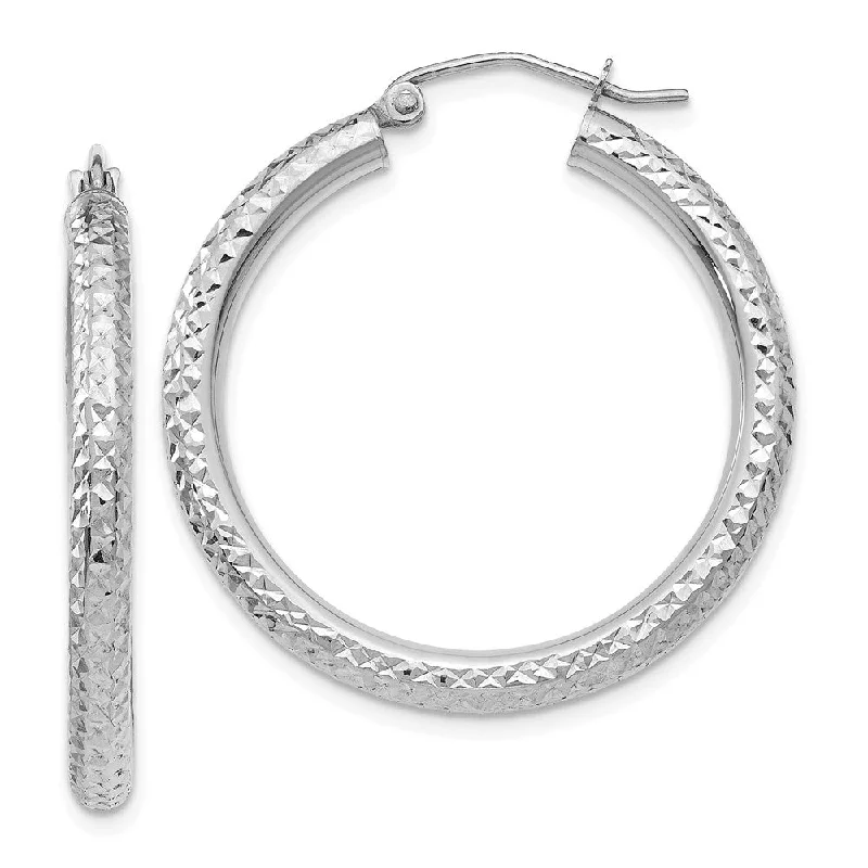 Women's earrings sleek-surface-3mm x 30mm, 14k White Gold, Diamond-cut Round Hoop Earrings