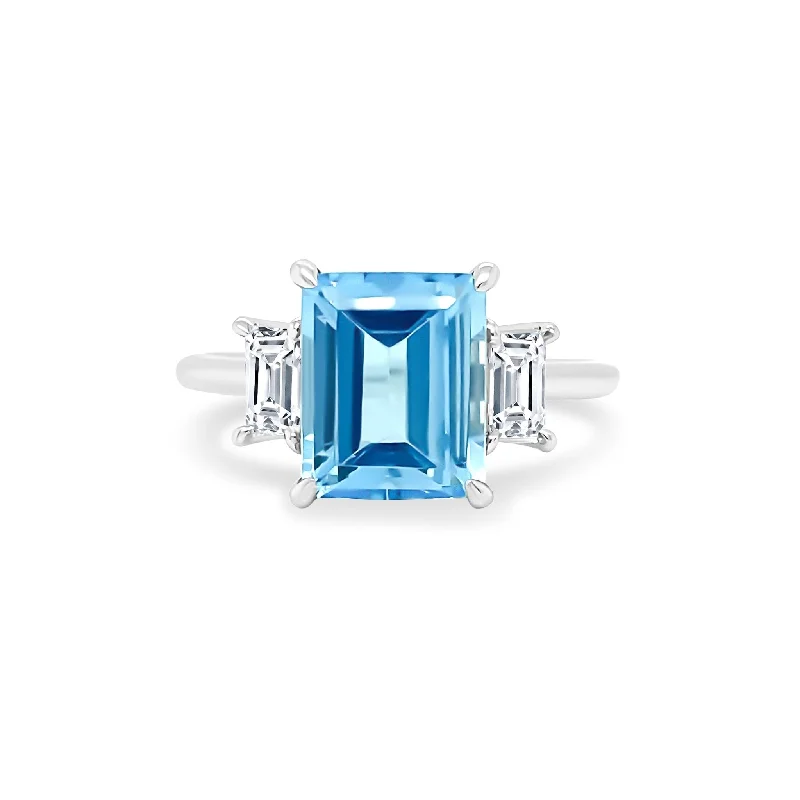 Women's rings fine-gold-band-Emerald Cut Aquamarine with Emerald Cut Diamond Side Stones