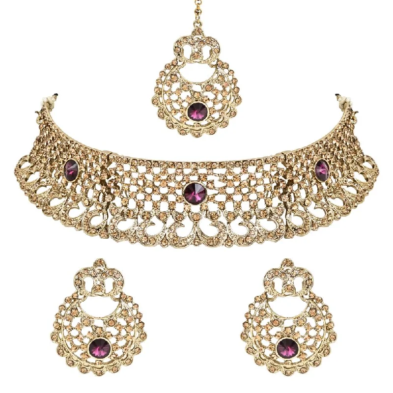 Women's necklaces striking-chic-Etnico Gold Plated Traditional Design Stone Work Choker Necklace Jewellery Set With Chandbali Earring & Maang Tikka For Women/Girls (M4171FLWi)