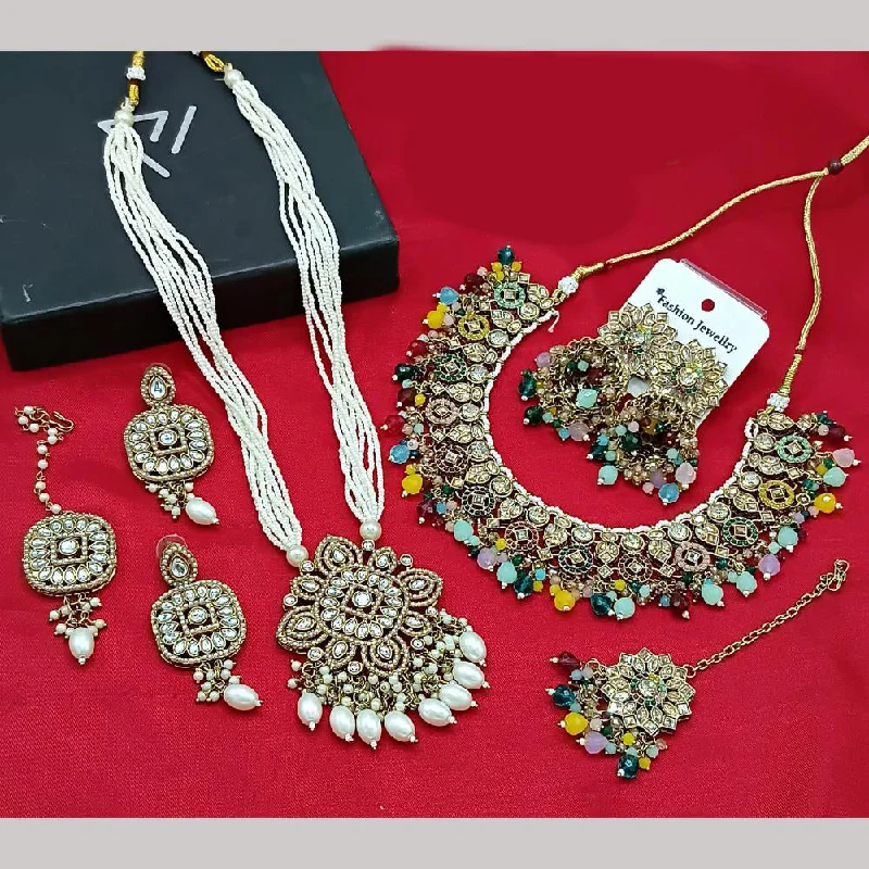 Women's necklaces enduring-chic-Lucentarts Jewellery Gold Plated Kundan And Crystal Stone Beads Double Necklace Set