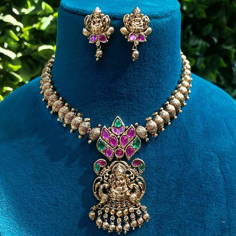 Women's necklaces green-silver-Royal Kundan Jewellery Gold Plated Pota Stone Temple Necklace Set