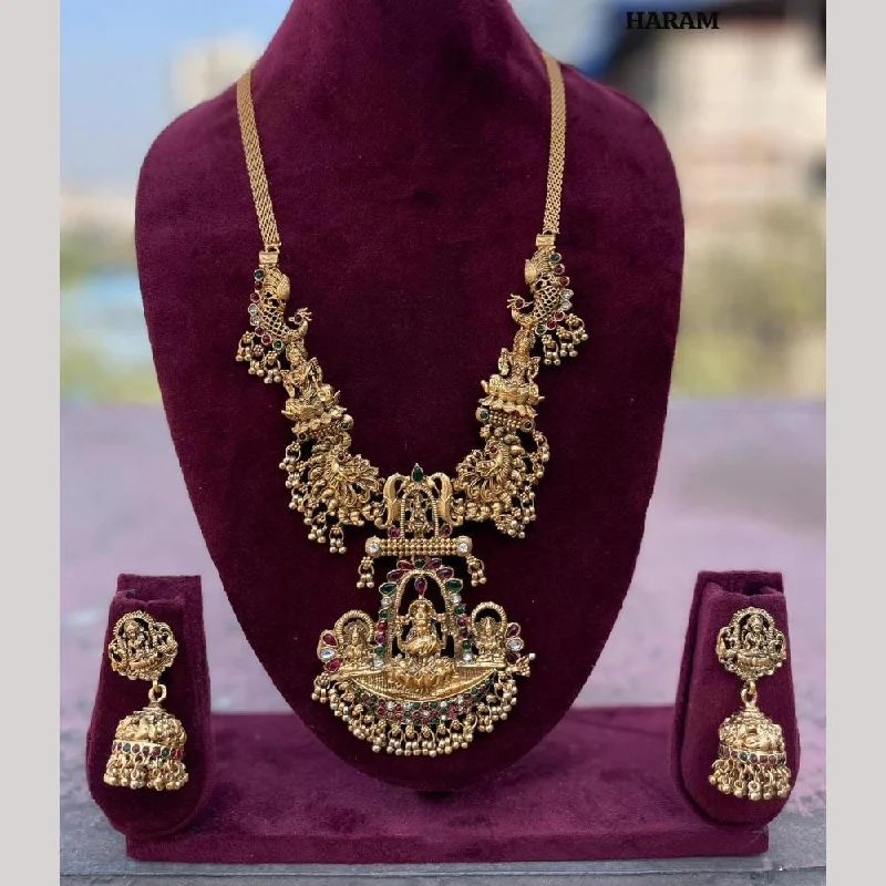 Women's necklaces garnet-FS Collection Gold Plated Pota Stone Temple And Pearls Long Necklace Set