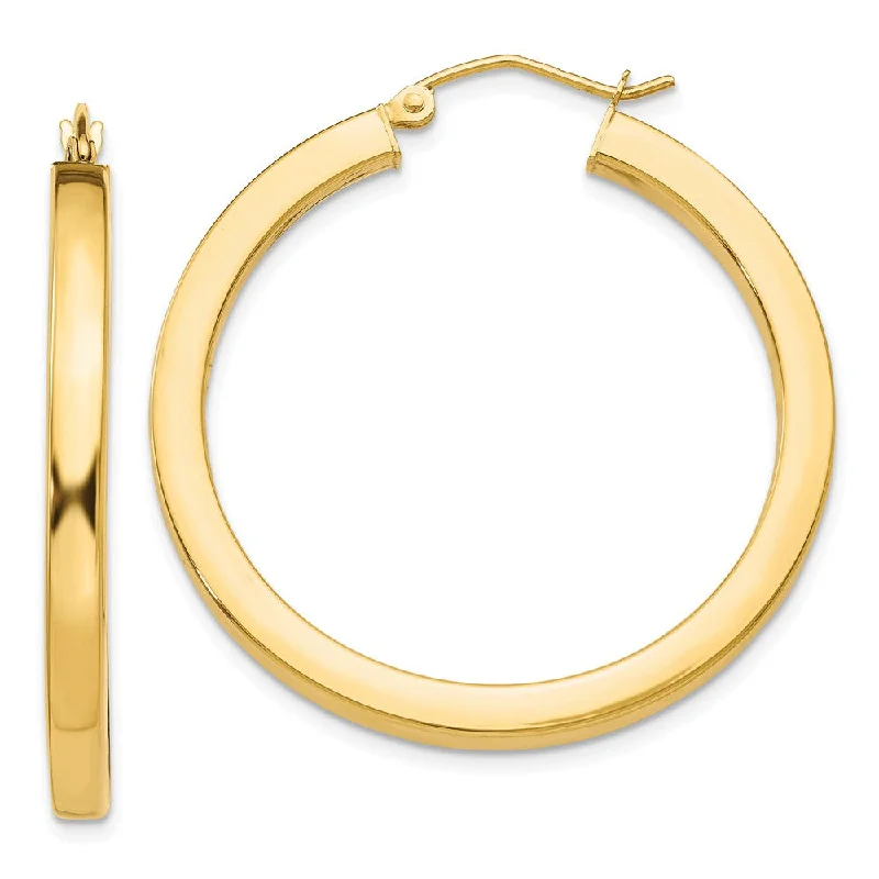 Women's earrings fine-rose-drop-3mm, 14k Yellow Gold Square Tube Round Hoop Earrings, 35mm (1 3/8 In)