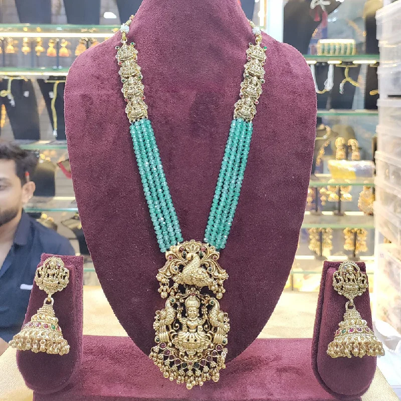 Women's necklaces contemporary-gem-Manisha Jewellery Gold Plated Pota Stone And Pearl Temple Long Necklace Set