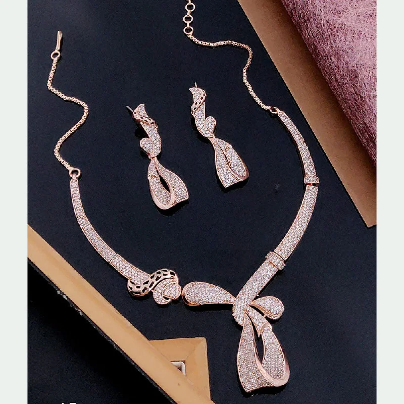 Women's necklaces enduring-elegance-Akruti Collection Rose Gold Plated American Diamonds Necklace Set