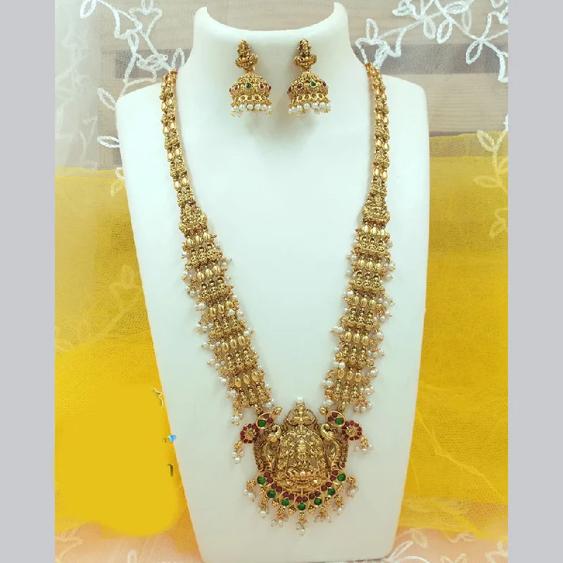 Women's necklaces fine-stone-FS Collection Gold Plated Pota Stone And Pearl Temple Long Necklace Set