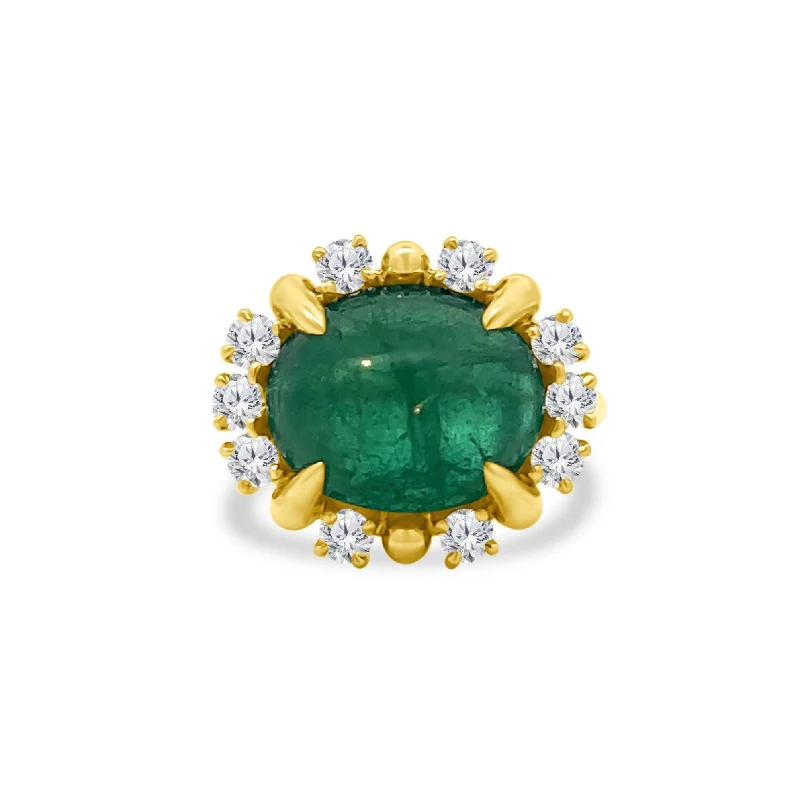 Women's rings artisan-style-Cabochon Emerald & Diamond Halo Ring