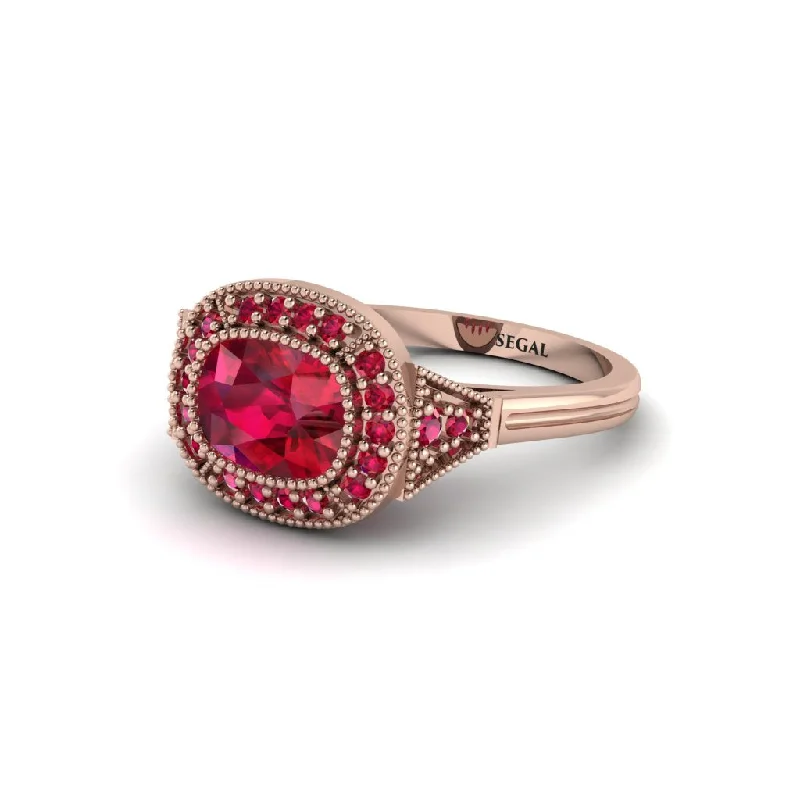 Women's engagement rings radiant-platinum-Cushion Cut Ruby Milgrain Halo Engagement Ring - Blake No. 56