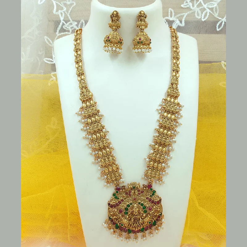 Women's necklaces refined-rose-Joyful Jewel Art Matte Gold Plated Pota Stone Temple Long Necklace Set