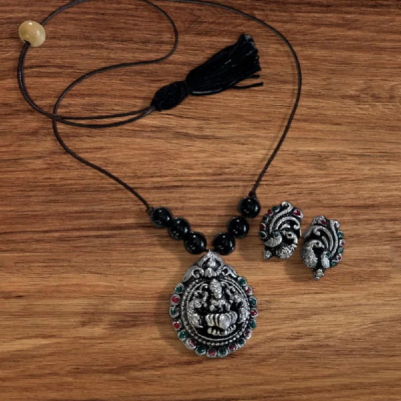 Women's necklaces artisan-finish-VF Collection Oxidised Plated Peacock Earrings and Lakshmi Necklace Set