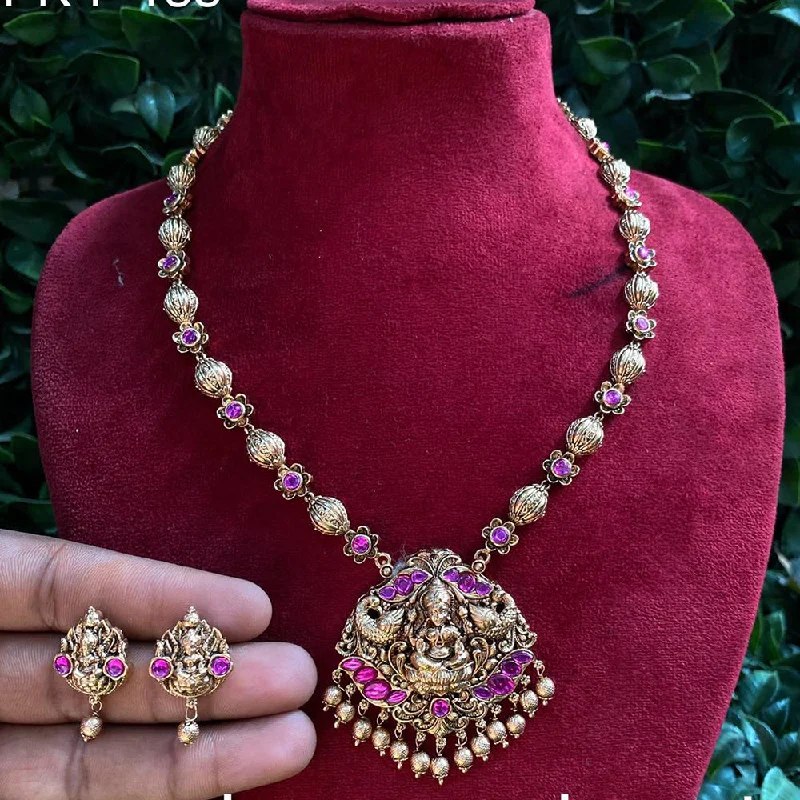 Women's necklaces daily-gem-Royal Kundan Jewellery Gold Plated Pota Stone Temple Necklace Set