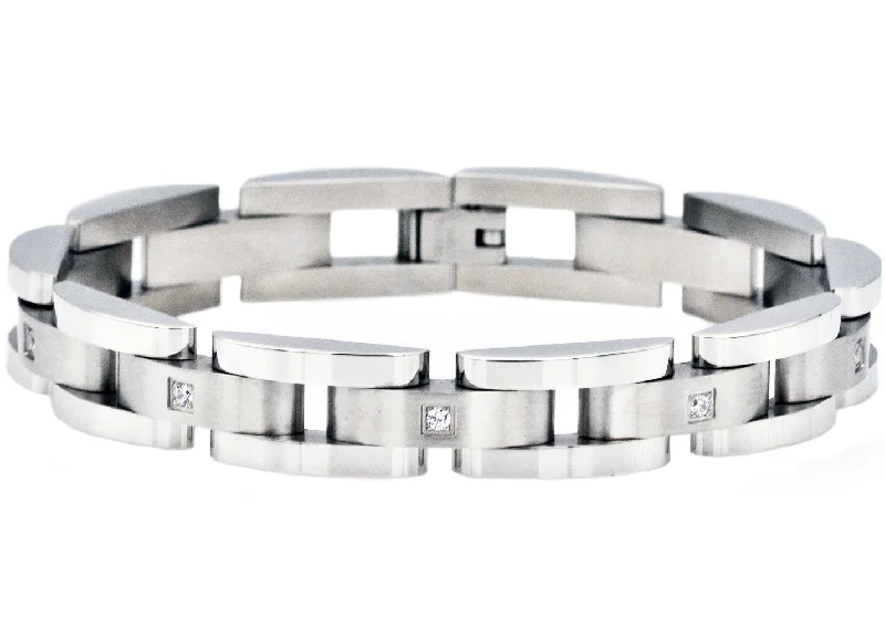 Women's bracelets fine-cuff-silver-Mens Curved Link Stainless Steel Bracelet With Cubic Zirconia