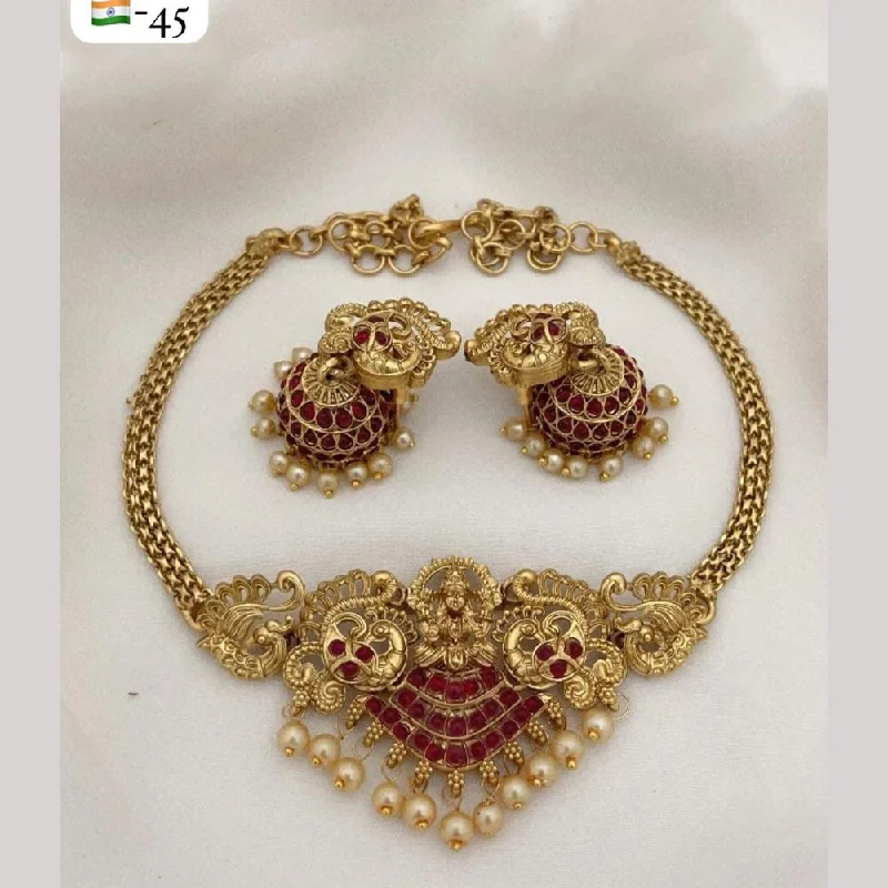 Women's necklaces rare-design-FS Collection Gold Plated Pota Stone Temple And Pearls Choker Necklace Set