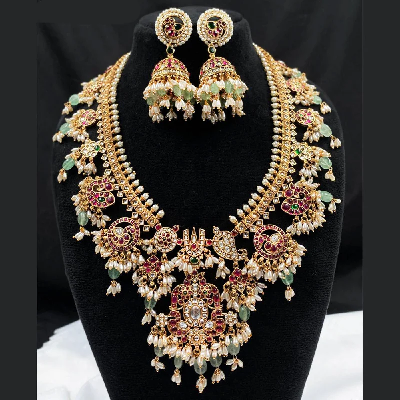 Women's necklaces artisan-finish-Royal Kundan Jewellery Gold Plated Pota Stone And Pearls Temple Necklace Set