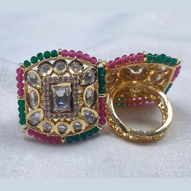 Women's rings striking-chic-Royal Kundan Jewellery Gold Plated Polki Kundan And Beads Finger Ring