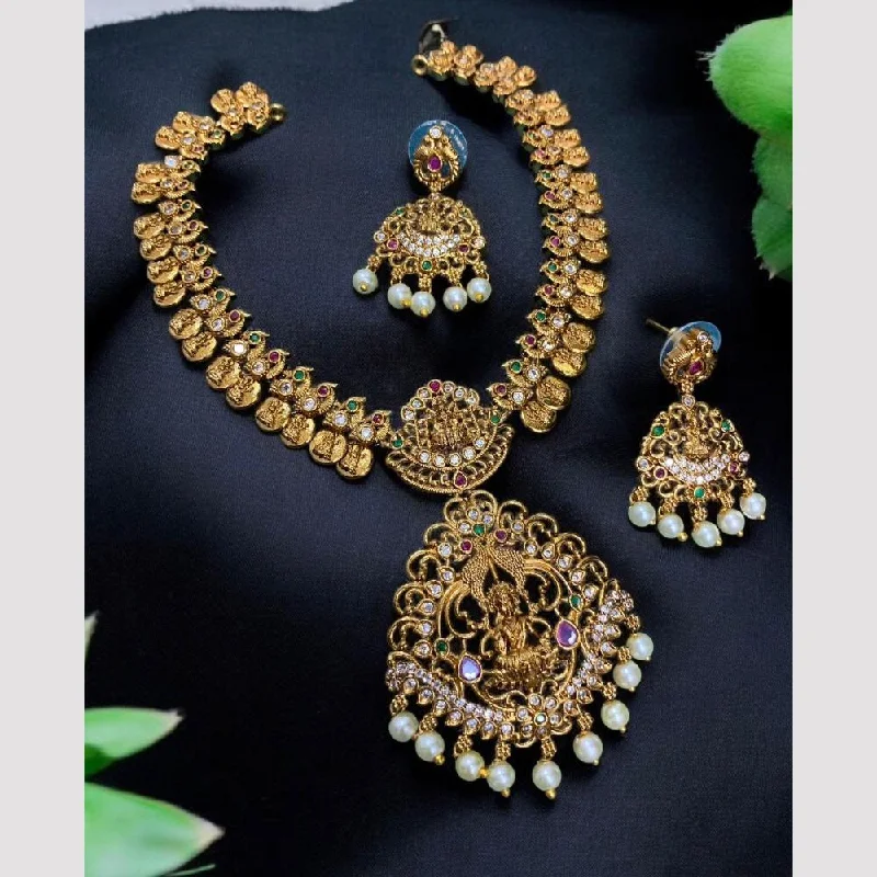 Women's necklaces refined-elegance-Sona Creation Gold Plated Pota Stone And Pearls Temple Necklace Set