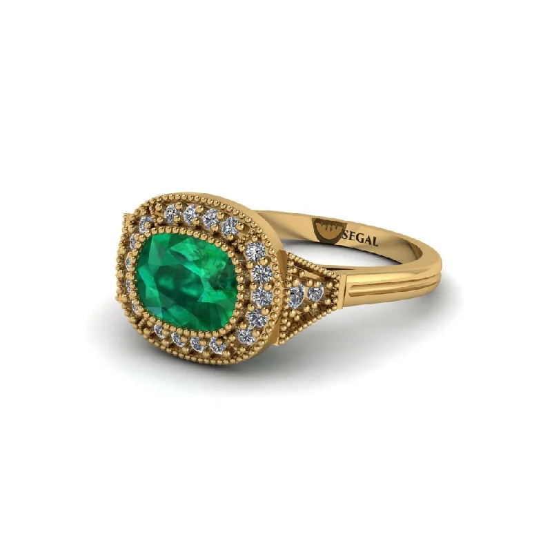 Women's engagement rings celebration-Cushion Cut Emerald Milgrain Halo Engagement Ring - Blake No. 4