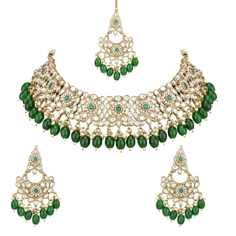 Women's necklaces peridot-Etnico Gold Plated Traditional Kundan Pearl Drop Bridal Choker Necklace With Chandbali Earrings & Maang Tikka Jewellery Set For Women/Girls (K7256G)