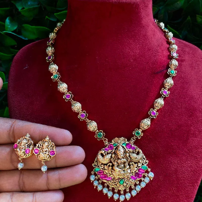 Women's necklaces rare-design-Royal Kundan Jewellery Gold Plated Pota Stone Temple Necklace Set