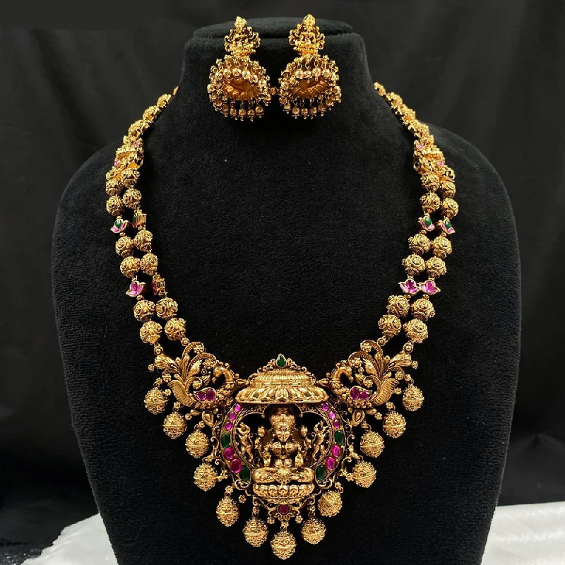 Women's necklaces fine-gem-Royal Kundan Jewellery Gold Plated Pota Stone Temple Necklace Set