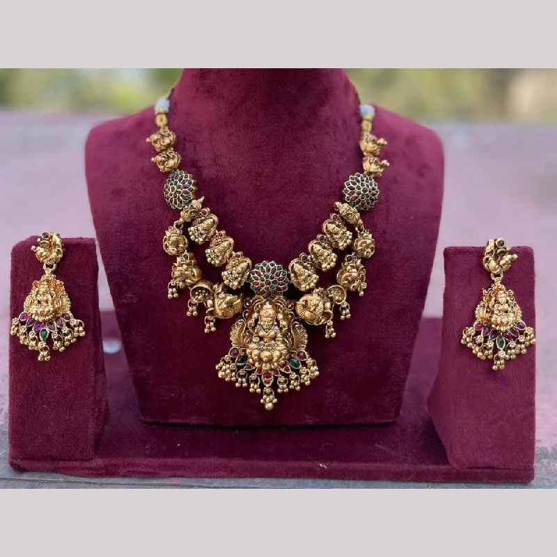 Women's necklaces retro-elegance-FS Collection Gold Plated Pota Stone Temple And Pearls Necklace Set