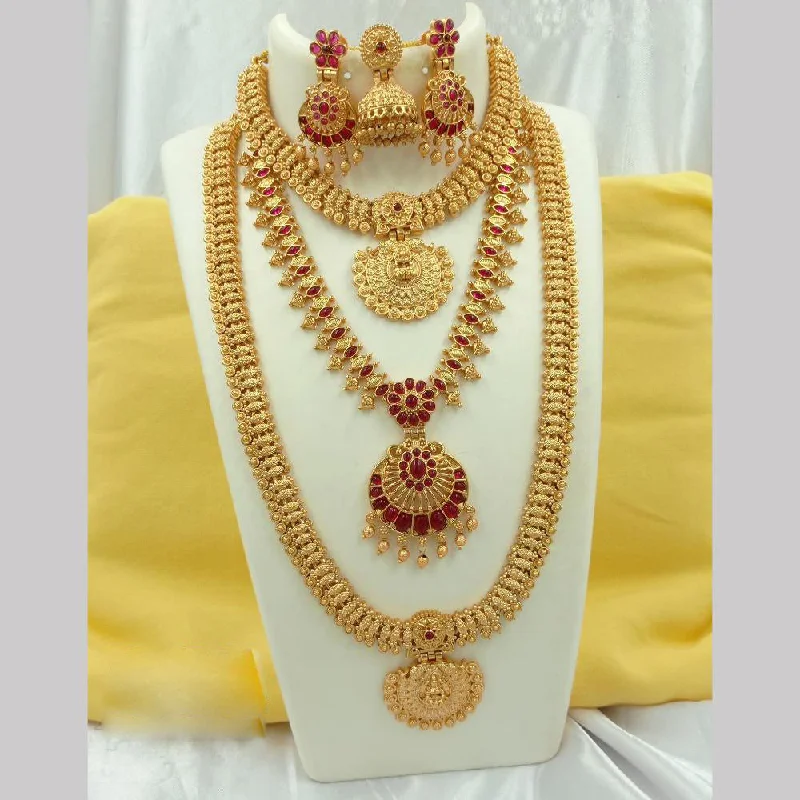 Women's necklaces striking-chic-Joyful Jewel Art Matte Gold Plated Pota Stone Temple Long Necklace Combo