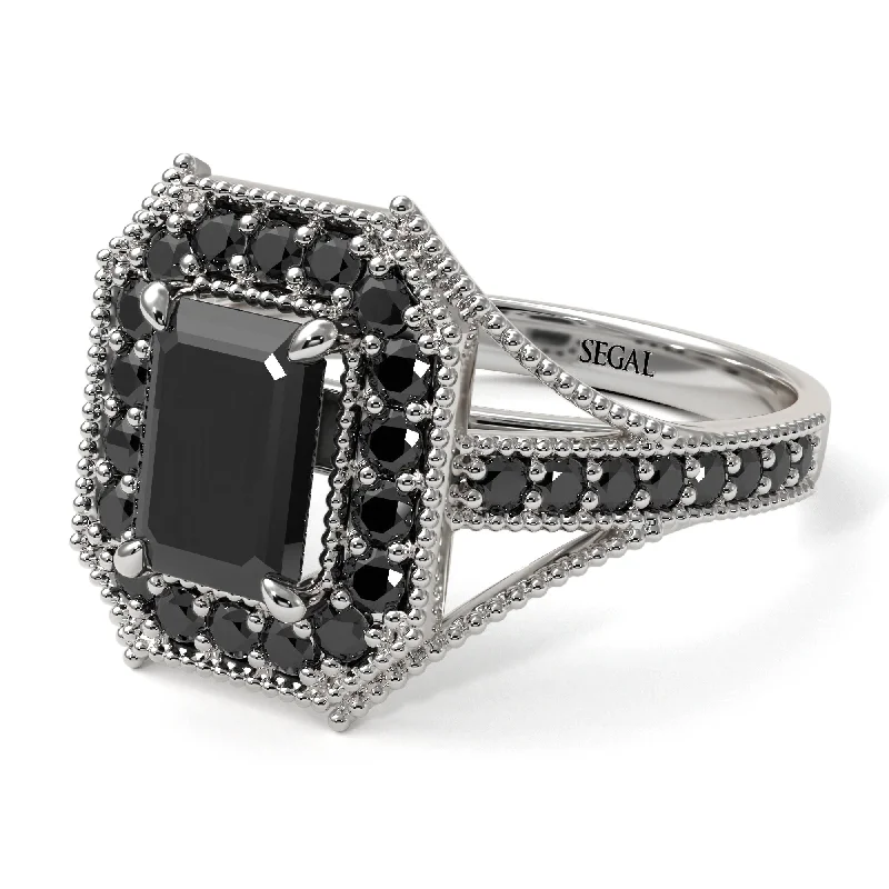 Women's engagement rings radiant-gold-Emerald Cut Black Diamond Milgrain Halo Engagement Ring - Xanthe No. 39