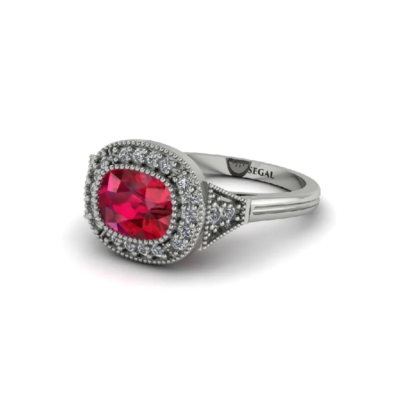 Women's engagement rings radiant-grace-Cushion Cut Ruby Milgrain Halo Engagement Ring - Blake No. 12