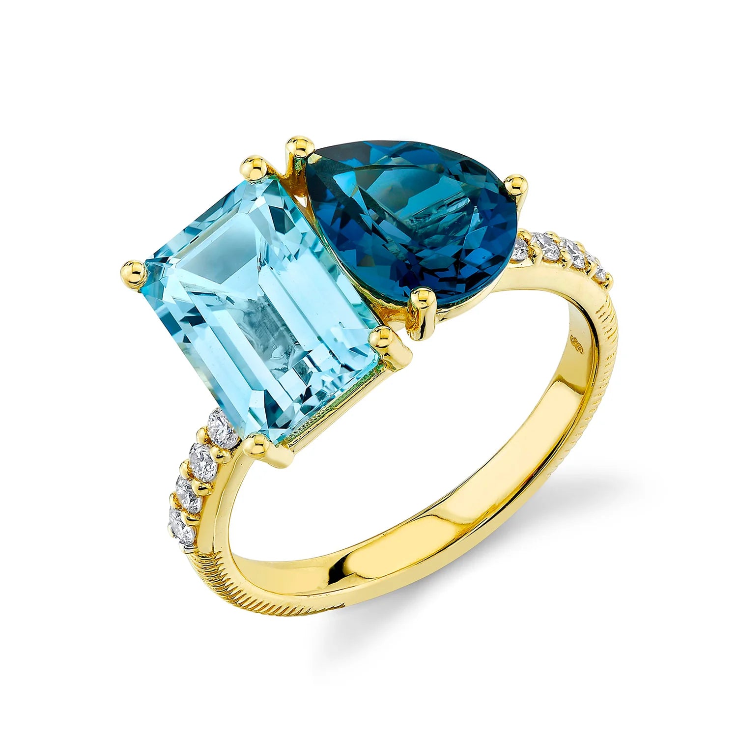 Women's rings etched-band-Two-Stone Blue Topaz Ring with Diamonds