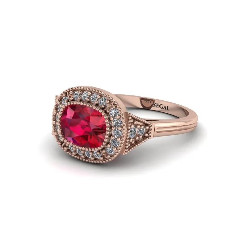 Women's engagement rings rare-style-Cushion Cut Ruby Milgrain Halo Engagement Ring - Blake No. 11