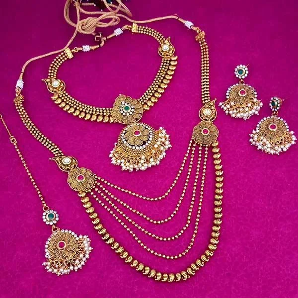 Women's necklaces refined-blush-Darshana Jewels Stone Double Necklace Set With Maang Tikka - FAP0098