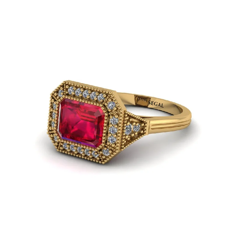 Women's engagement rings radiant-blush-Emerald Cut Ruby Milgrain Halo Engagement Ring - Juniper No. 10