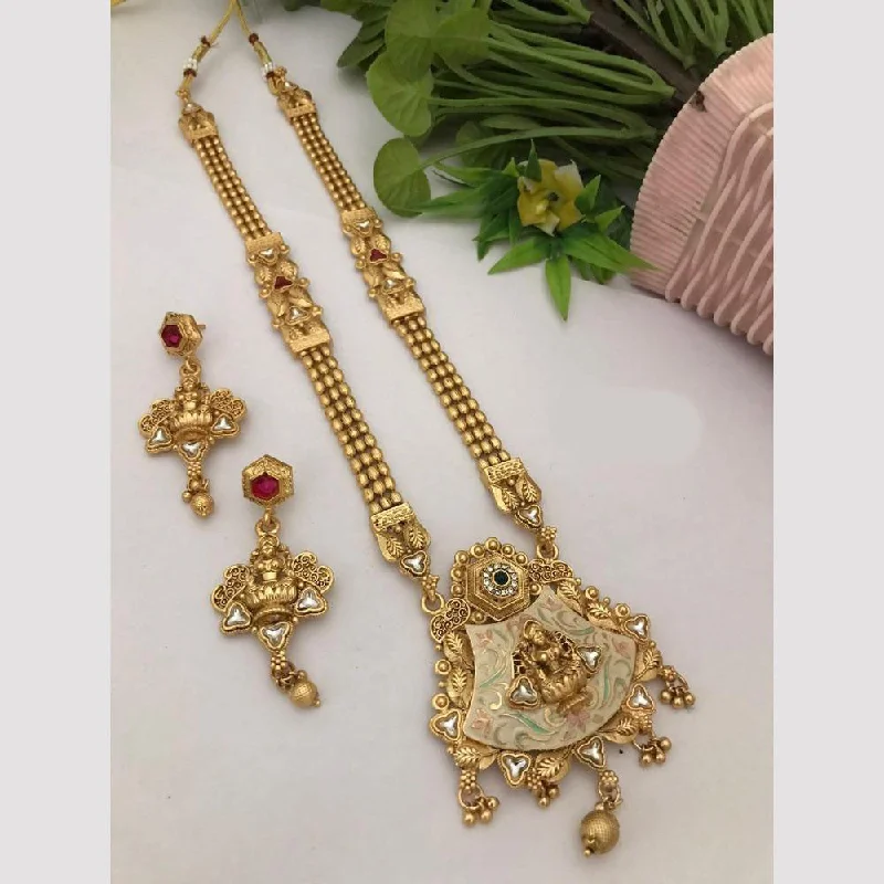 Women's necklaces evening-chic-FS Collection Gold Plated Kundan Stone And Meenakari Temple Necklace Set