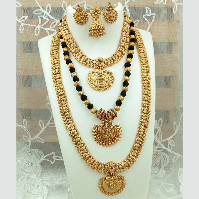 Women's necklaces baroque-Joyful Jewel Art Matte Gold Plated Pota Stone Long Temple Necklace Combo