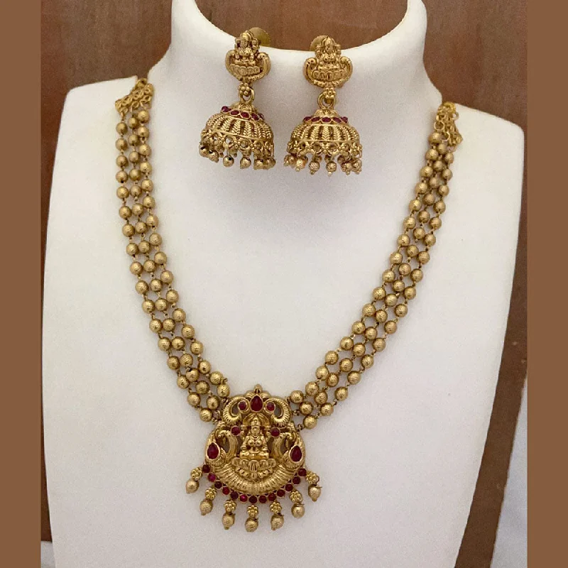 Women's necklaces sleek-surface-Joyful Jewel Art Matte Gold Plated Pota Stone Temple Necklace Set