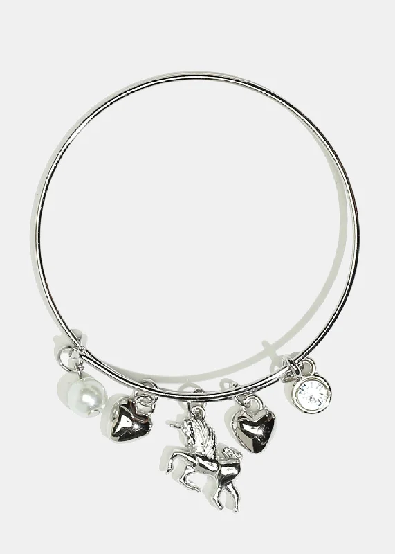 Women's bracelets retro-glam-Unicorn & Heart Charm Bangle Bracelet