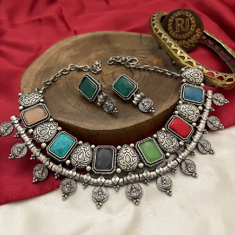 Women's necklaces enduring-elegance-FS Collection Oxidised Plated Crystal Stone Temple Necklace Set