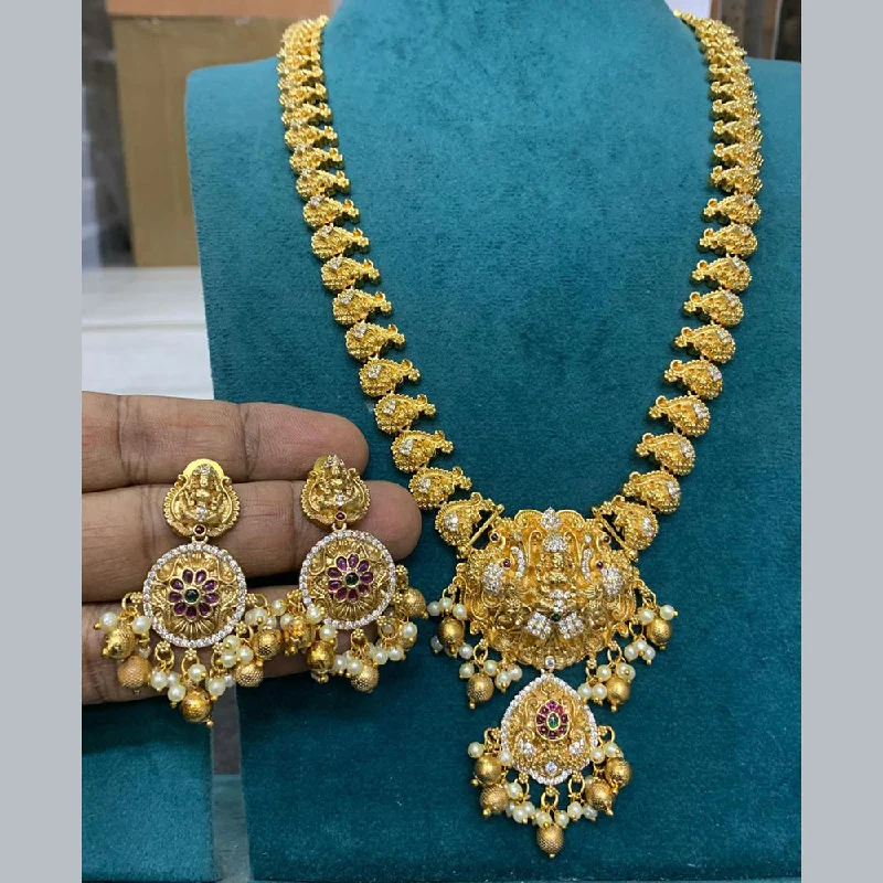 Women's necklaces retro-chic-Sona Creation Gold Plated Austrian Stone And Pearls Temple Long Necklace Set