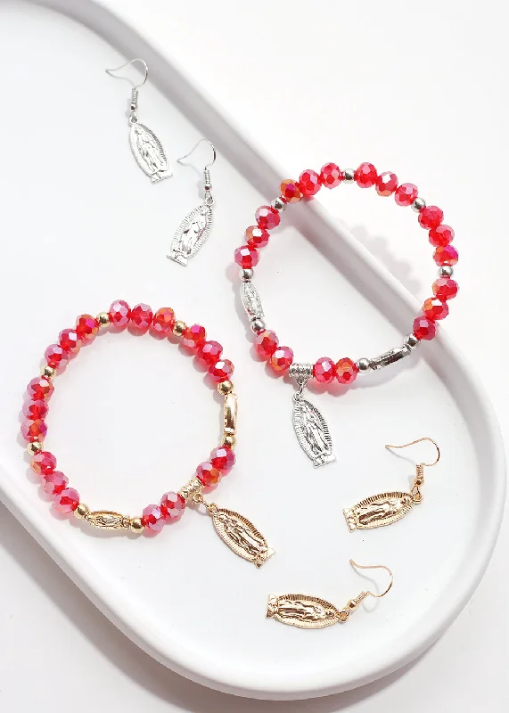 Women's bracelets contemporary-twist-Red Virgin Mary Bead Bracelet & Earring Set